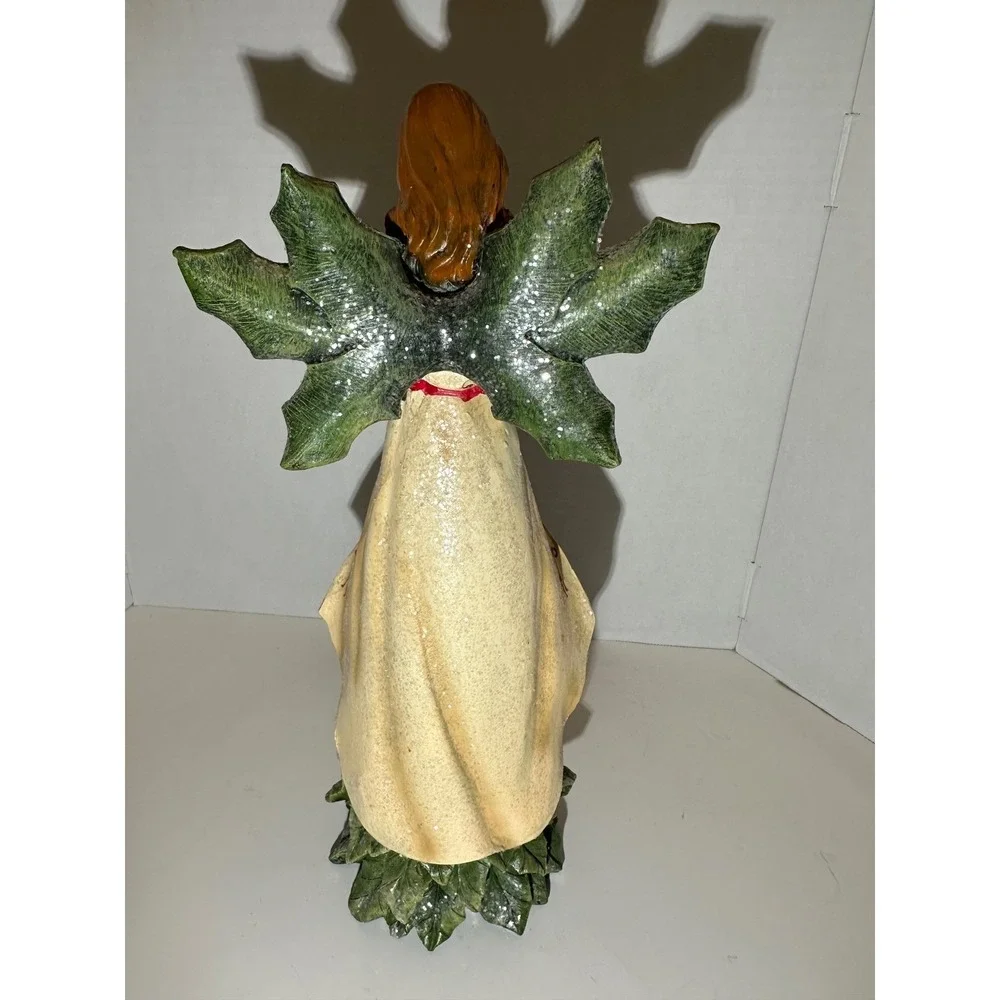 Christmas Angel Figurine Holly Wings Evergreen Tree Base Resin Holiday‎ Decor